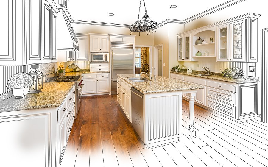 As an example for small kitchen remodel ideas, this is an artistic image of a home kitchen in Memphis, TN with new cabinetry, a beautiful island, marble countertops, and new flooring from Robbins Construction.